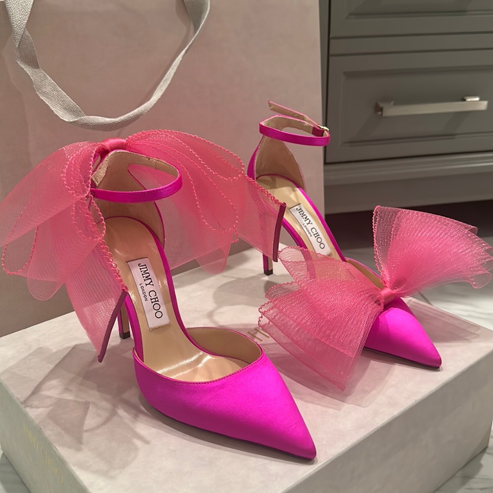 NEW IN BOX giftable JIMMY CHOO Aveline 100 bow-detailed satin sandals heels 37.5
